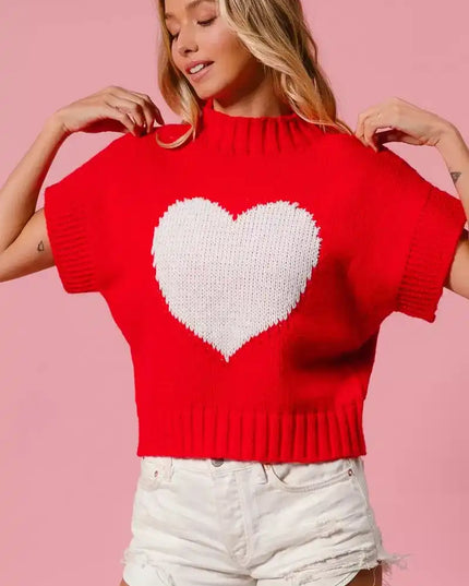BiBi Rib Banded Heart Pattern Valentines Sweater - Sleekdenim.com