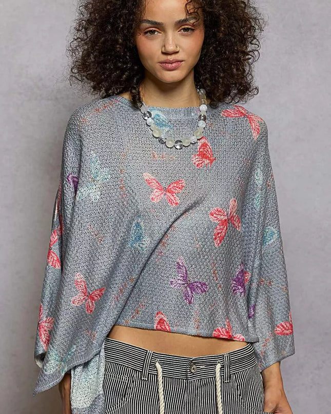 POL Butterflies Pattern Round Neck knit Top with Outseam Rolling Edge - Sleekdenim.com