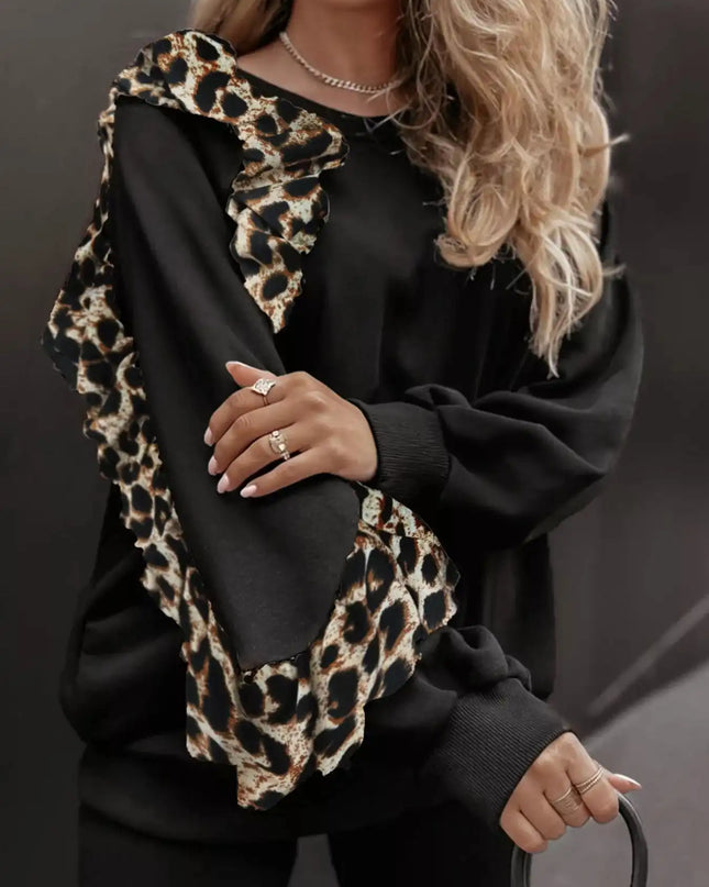 Leopard Trim Top and Pants Set - Sleekdenim.com