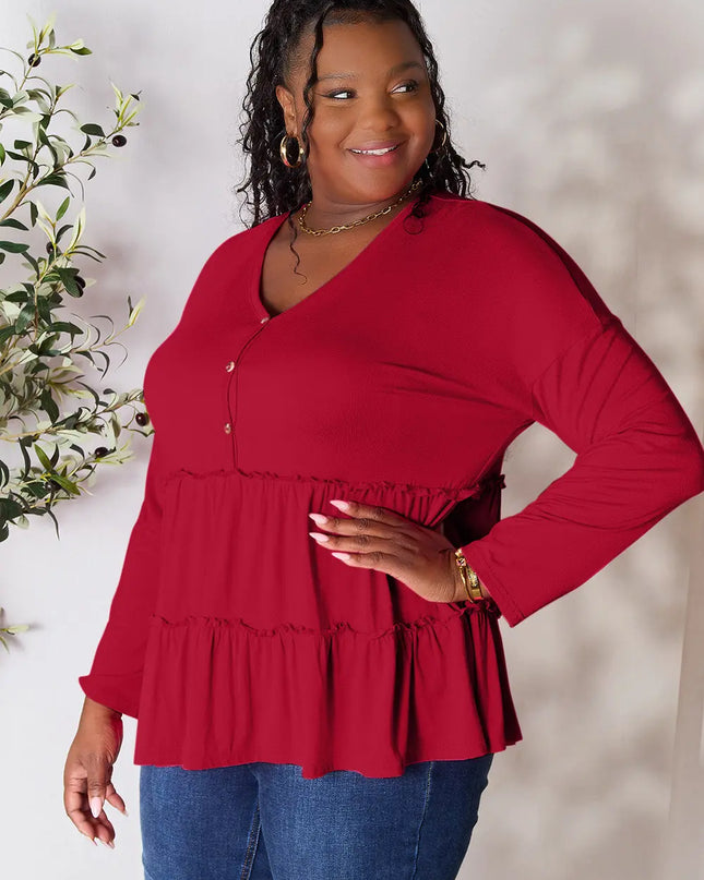 Double Take Half Button Long Sleeve Ruffle Hem Blouse - Sleekdenim.com