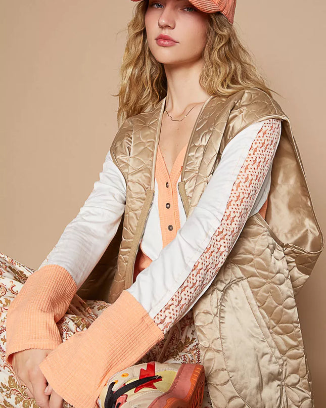 POL Front Zipper Floral Pattern Quilted Vest Coat with Front Pockets - Sleekdenim.com