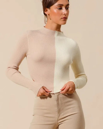 SO ME Color Block Fitted Crop Sweater Top - Sleekdenim.com