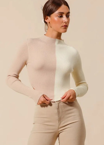 SO ME Color Block Fitted Crop Sweater Top - Sleekdenim.com