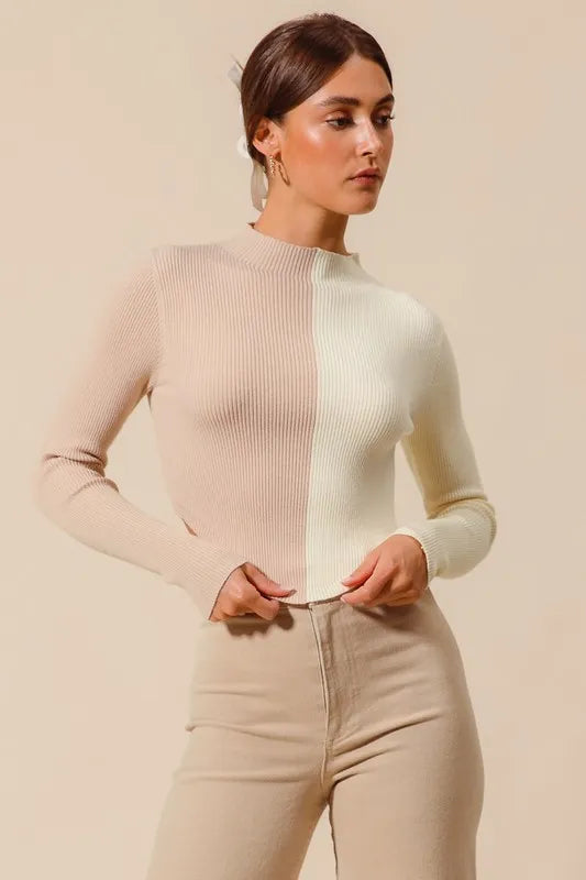 SO ME Color Block Fitted Crop Sweater Top - Sleekdenim.com