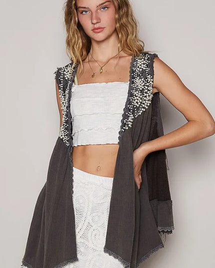 POL Embroidered Pearls Open Front Sleeveless Cardigan - Sleekdenim.com