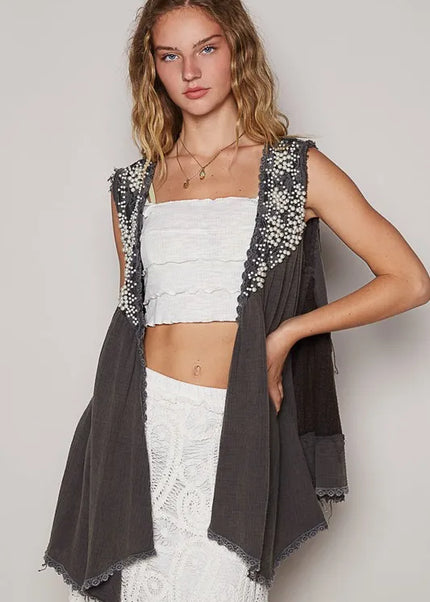 POL Embroidered Pearls Open Front Sleeveless Cardigan - Sleekdenim.com