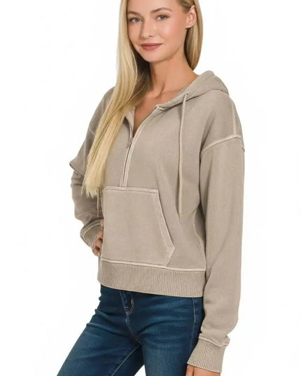 Zenana Fleece Pigment Dye Half Zip Kangaroo Pocket Hoodie - Sleekdenim.com