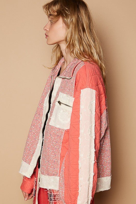 POL Floral Patchwork Zip Up Long Sleeve Jacket | Sleekdenim.com