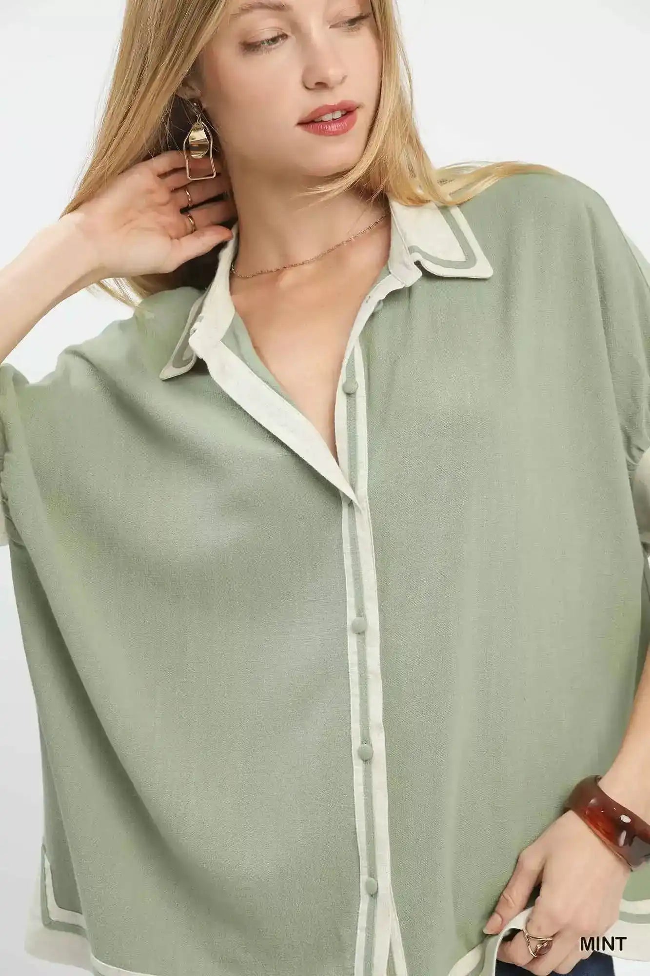 Umgee Linen Button Front Top with Contrast Piping - Sleekdenim.com