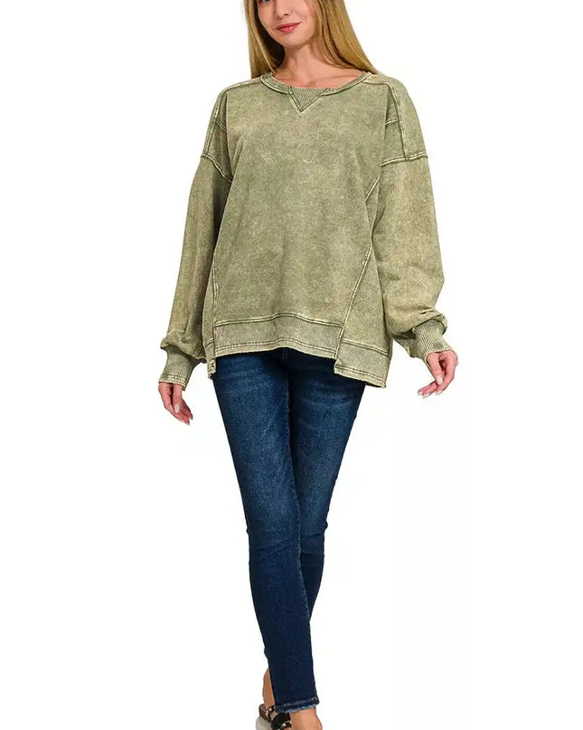 Zenana French Terry Acid Wash Pullover - Sleekdenim.com
