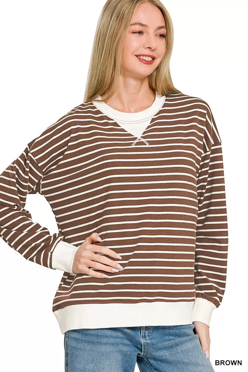 Zenana Contrast Striped Round Neck Sweatshirt - Sleekdenim.com