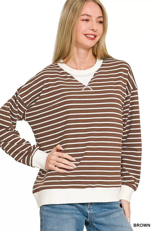 Zenana Contrast Striped Round Neck Sweatshirt - Sleekdenim.com