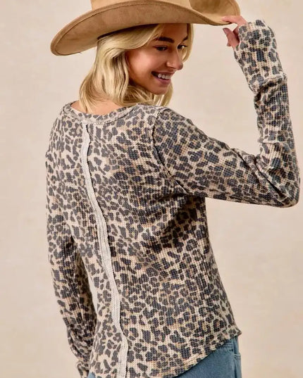 BiBi Leopard Print Washed Waffle Thermal Top with Thumb - Sleekdenim.com