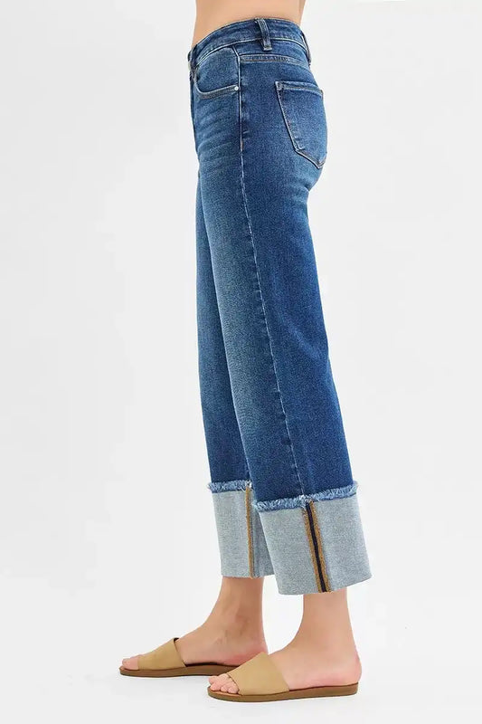 RISEN Mid Rise Crop Wide Wide Cuffed Jeans PWC21289 - Sleekdenim.com