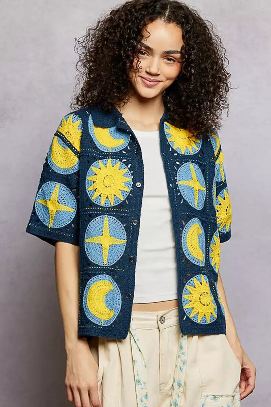 POL Openwork Short Sleeve Crochet Shirt