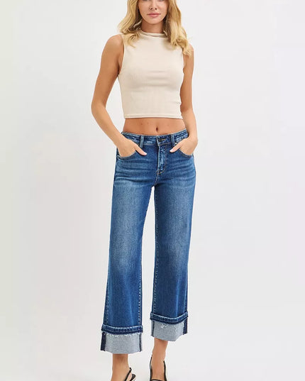 RISEN Mid Rise Ankle Straight Jeans with Cuffed Hem - Sleekdenim.com