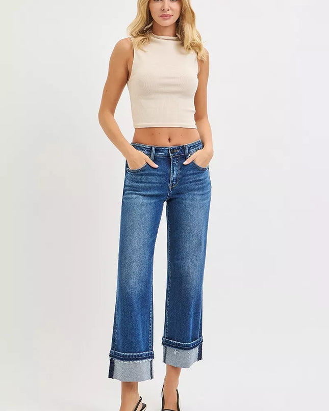 RISEN Mid Rise Ankle Straight Jeans with Cuffed Hem - Sleekdenim.com