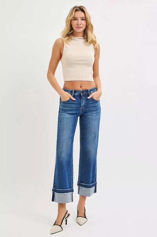 RISEN Mid Rise Ankle Straight Jeans with Cuffed Hem - Sleekdenim.com
