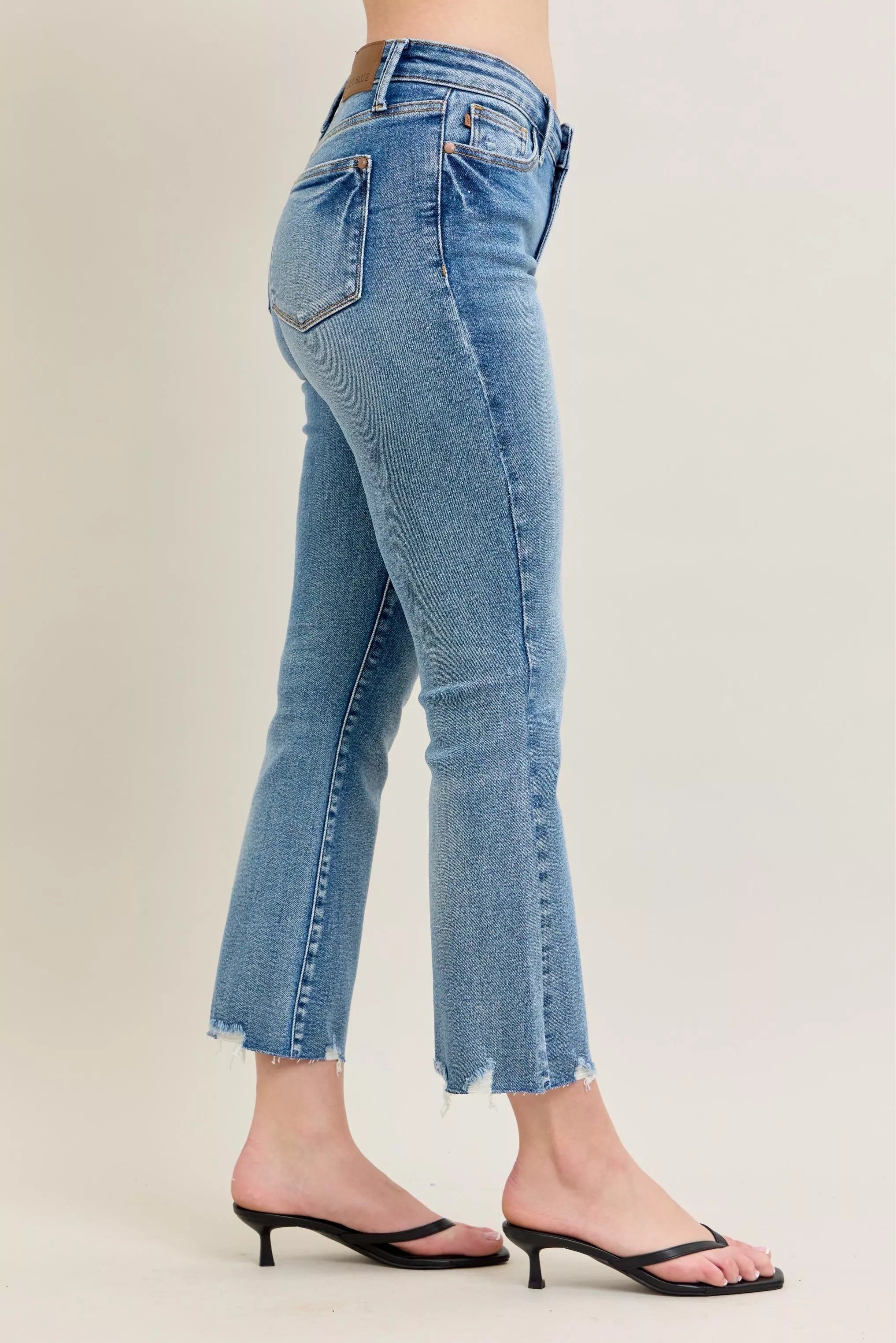 Judy Blue Mid Rise Vintage Wash Destroy Hem Kick Flare Jeans 88979