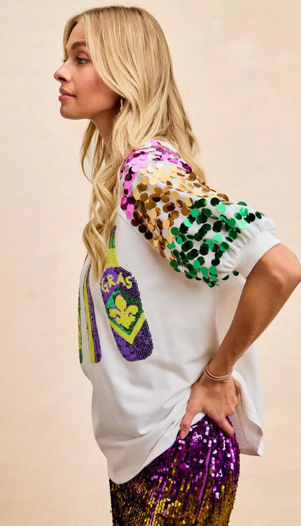 BiBi Sequin Mardi Gras Bottles Spangled Sleeve Top - 6