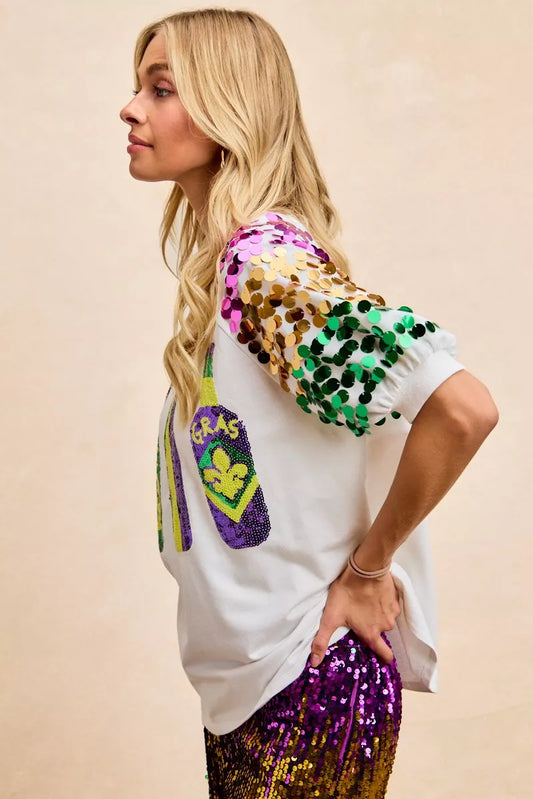 BiBi Sequin Mardi Gras Bottles Spangled Sleeve Top - 6
