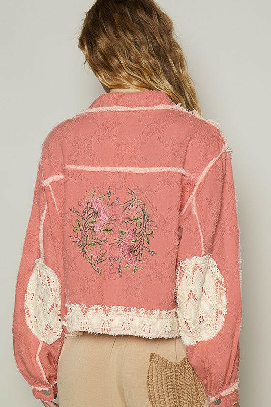 POL Crochet Patch Embroidered Button Up Jacket | Sleekdenim.com