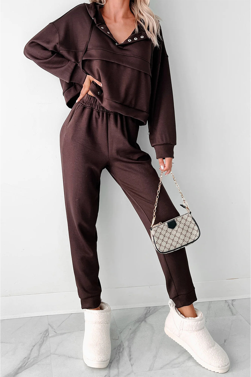 Chicory Coffee Button Drawstring Cropped Hoodie Sweatpants Set - Sleekdenim.com