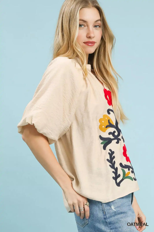 Umgee Embroidered Boho Puff Sleeve Blouse - Sleekdenim.com