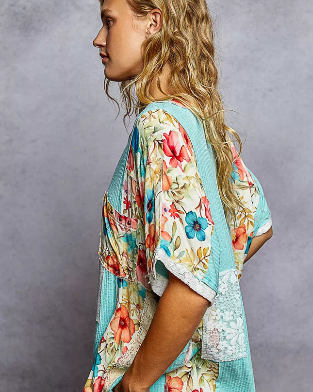 POL Lace Round Neck Short Sleeve Floral Pattern Top with Patch Detail - Sleekdenim.com