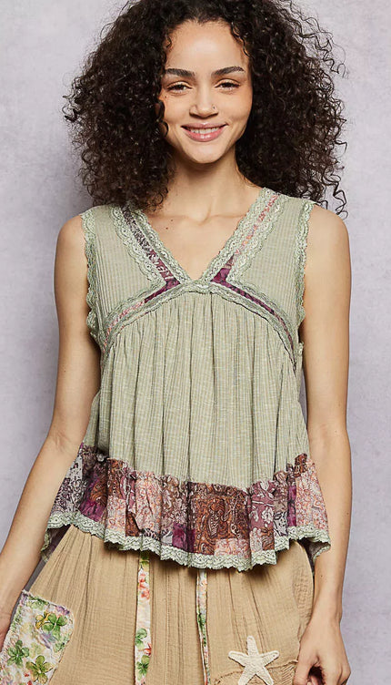 POL Lace Detail Ruffled Ribbed Sleeveless Top with Floral Pattern Trim Detail - Sleekdenim.com
