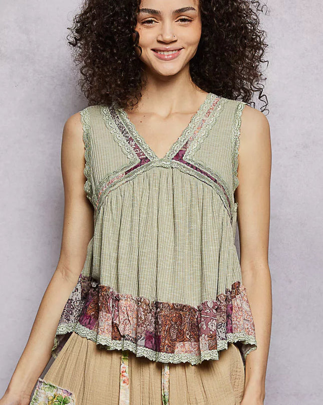 POL Lace Detail Ruffled Ribbed Sleeveless Top with Floral Pattern Trim Detail - Sleekdenim.com