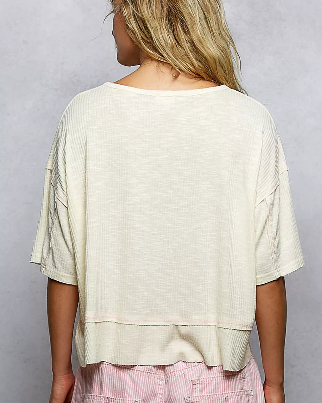 POL Short Sleeve Ccopped Rib T-Shirt with Contrast Stitch Detail - Sleekdenim.com