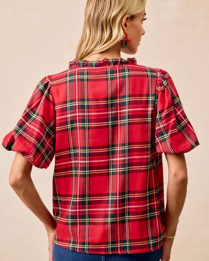 BiBi Christmas Plaid Short Sleeves Ruffled Blouse - Sleekdenim.com