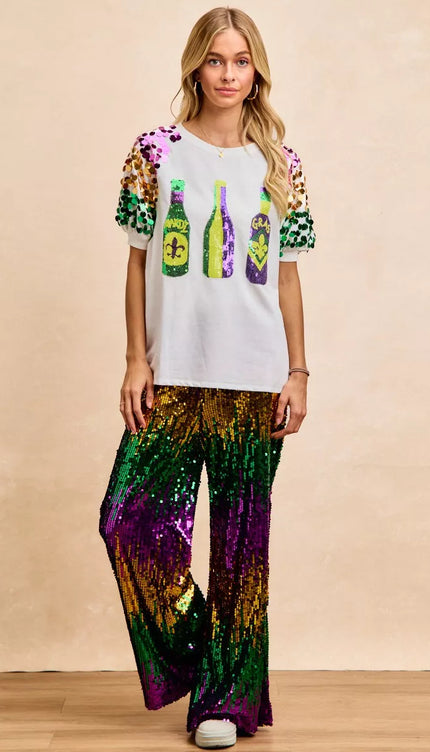 BiBi Sequin Mardi Gras Bottles Spangled Sleeve Top - 9