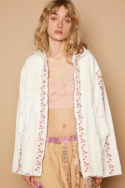 POL Embroidered Lace Patch Zip Up Hooded Jacket | Sleekdenim.com