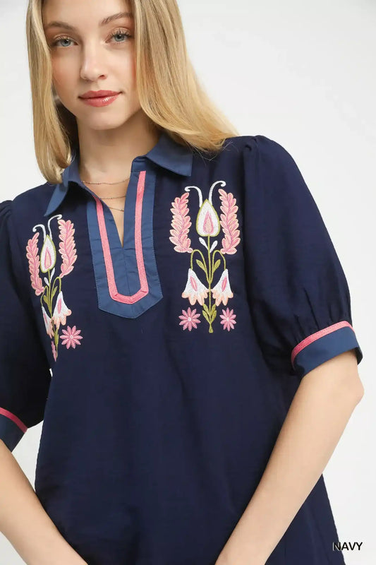 Umgee Embroidered Puff Sleeve Contrast Trim Top - Sleekdenim.com