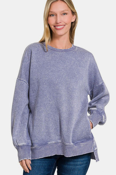 Zenana High-Low Acid Wash Fleece Sweatshirt - Sleekdenim.com