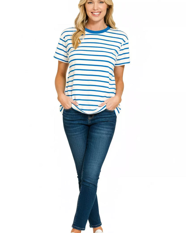 Zenana Striped Round Neck Short Sleeve T-Shirt - Sleekdenim.com