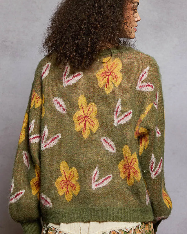 POL Floral Pattern Round Neck Balloon Sleeve Sweater - Sleekdenim.com
