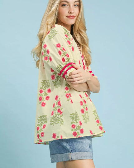 Umgee Floral V-Neck Puff Sleeve Top - Sleekdenim.com