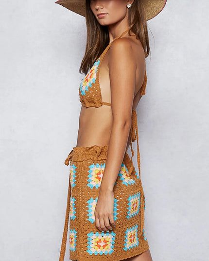 POL Crochet Halter Neck Cami and Skirt Sweater Set - Sleekdenim.com