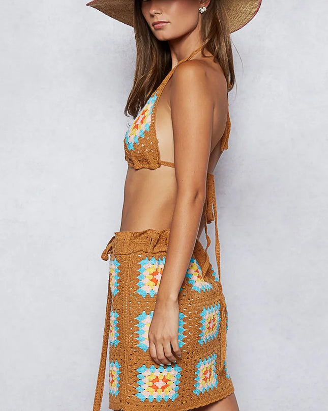 POL Crochet Halter Neck Cami and Skirt Sweater Set - Sleekdenim.com