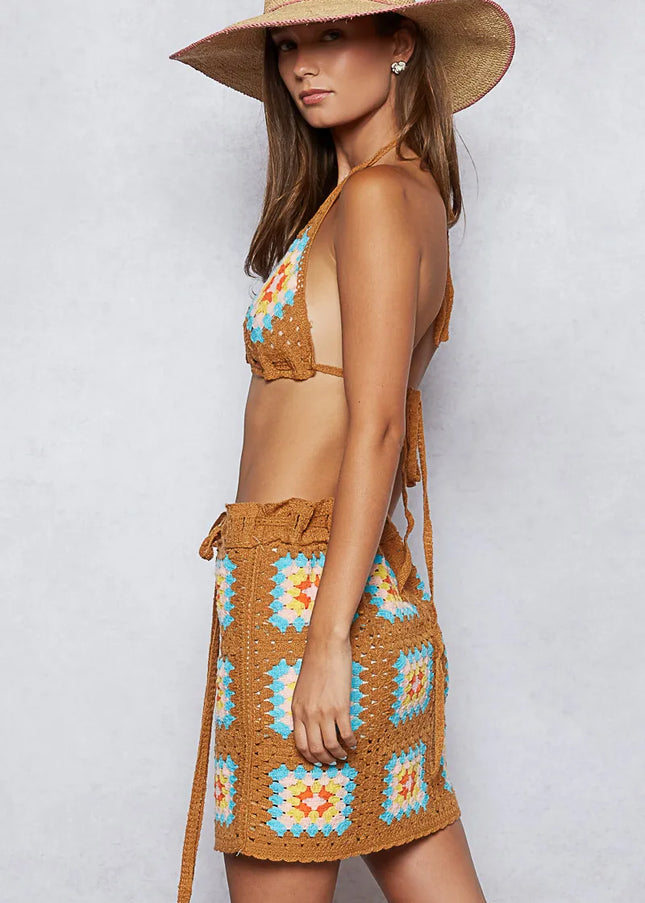 POL Crochet Halter Neck Cami and Skirt Sweater Set - Sleekdenim.com