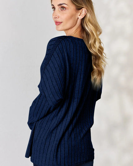 Basic Bae Full Size Ribbed Half Button Long Sleeve T-Shirt - Sleekdenim.com