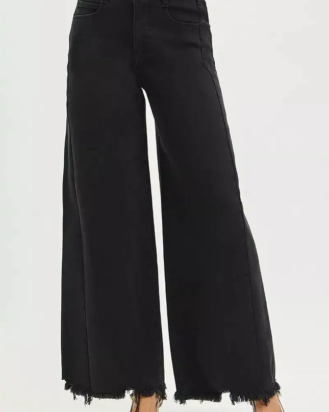 RISEN Tummy Control High Rise Palazzo Leg Frayed Hem Jeans - Sleekdenim.com