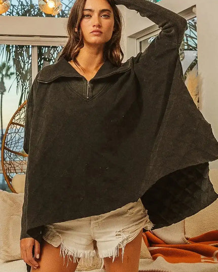 BiBi Vintage Washed Quilted Half Zip Top - Sleekdenim.com