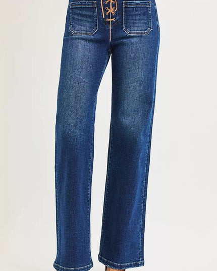 RISEN Full Size High Rise Wide Leg Jeans with Front Tie Detail Plus Size - Sleekdenim.com