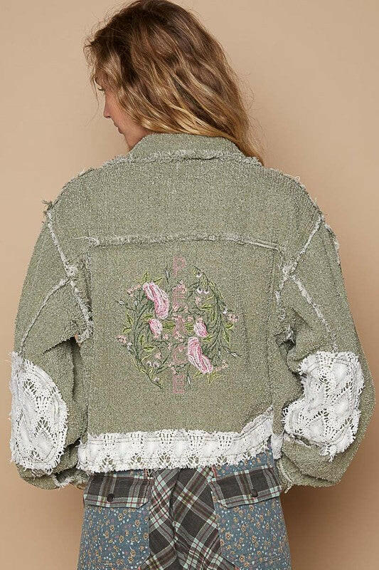 POL Crochet Patch Embroidered Button Up Jacket | Sleekdenim.com