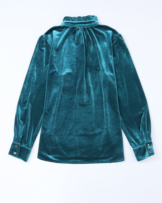 Red Frilled Buttoned V Neck Velvet Blouse