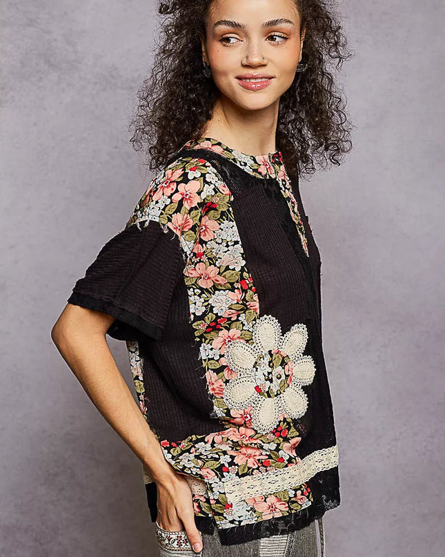 POL Lace Round Neck Short Sleeve Floral Pattern Top with Patch Detail - Sleekdenim.com